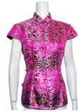 Short-Sleeved Rose Embroidery Mandarin Blouse