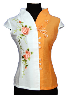 Short-Sleeve Peony and Butterfly Frog Mandarin Blouse