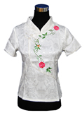 Short-Sleeve Floral Embroidery Mandarin Blouse