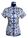 Short-Sleeve Floral Mandarin Blouse